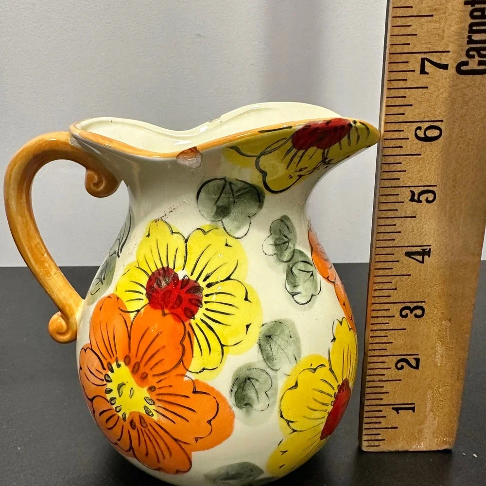Vintage Floral Ceramic Pitcher Cream Yellow Orange Flowers Kitchen Decor‎